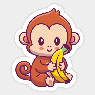 Cute Monkey Holding Banana Cartoon Sticker